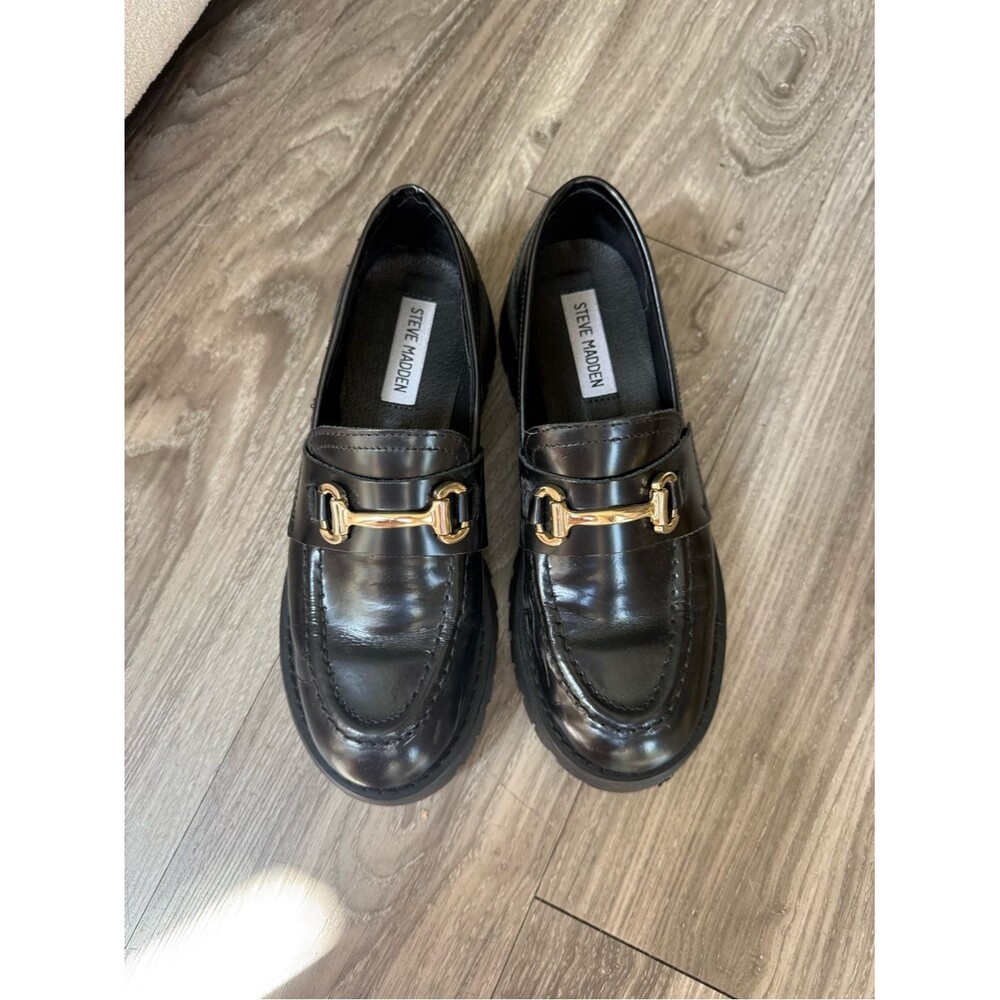 Steve Madden Lando Black Lug Sole Horsebit Loafers Gold Hardware Platform 6.5